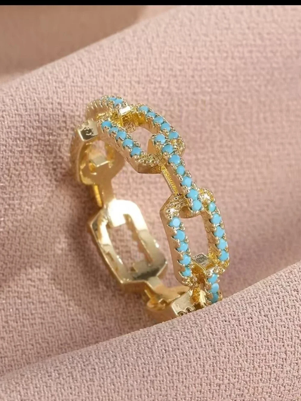 Luxury Full Zircon Hollow Square Chain  Link Ring Blue Turquoise Accent Women